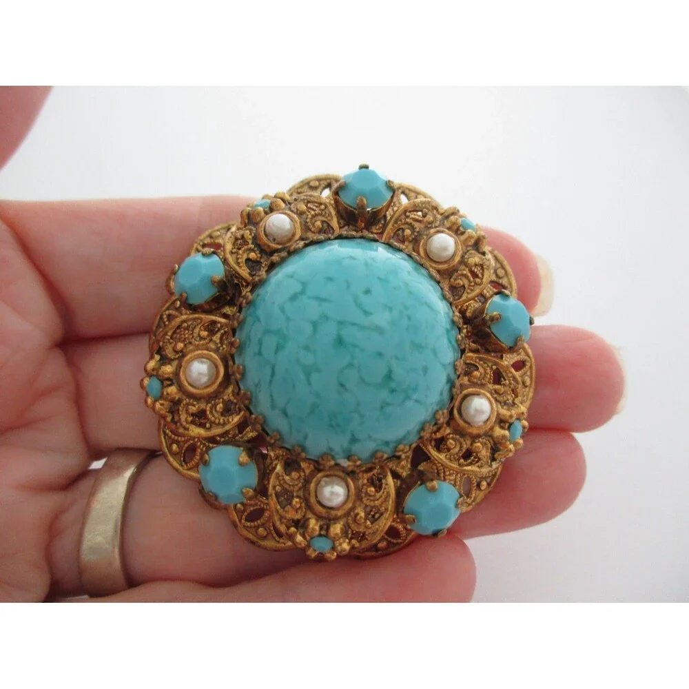 Vintage West  Germany Gold Filigree Turquoise Blue  Pearl Brooch Pin